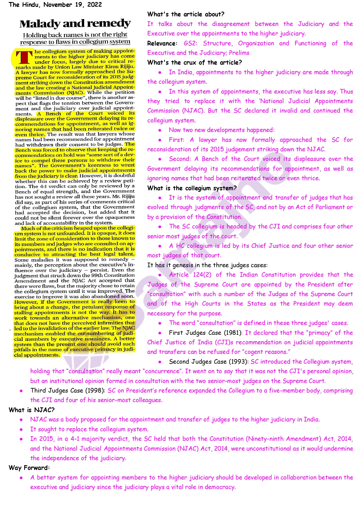 Malady and remedy appointments to the higher judiciary 19th November 2022 UPSC Daily